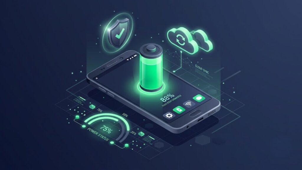 Maximize Android Battery Life with this optimized, secure smartphone showing 88% high performance and 75% power status.